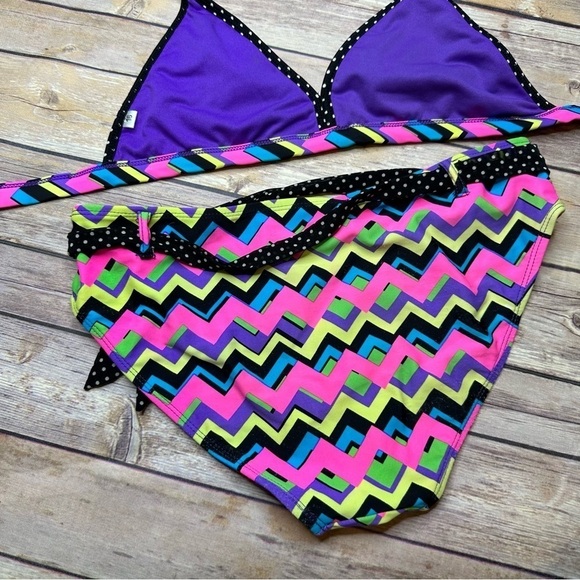 Vintage Breaking Waves Tween Juniors Size 16 Zig Zag 90's Retro Neon Bikini Swim - Picture 2 of 15